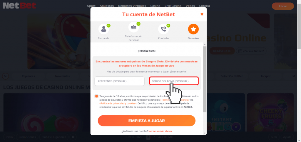 Redimir Bono NetBet - Paso 1